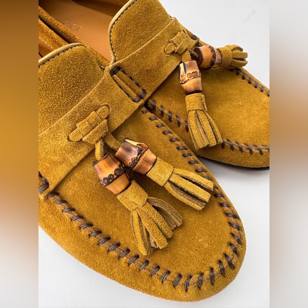 Authentic Gucci Mustard Suede Bamboo Tassel Loafers Flats Size 37.5 US 7.5 - Picture 7 of 8